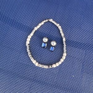 J. Crew Jewelry Mixed Metal Beaded Bracelet & Sapphire Pearl Studs Set
